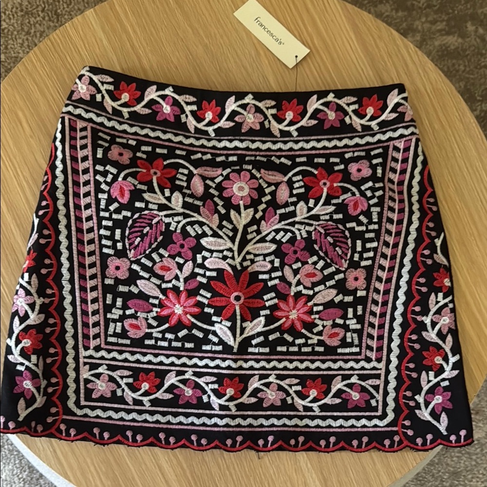 Embroidered Floral Skirt - Black and Pink